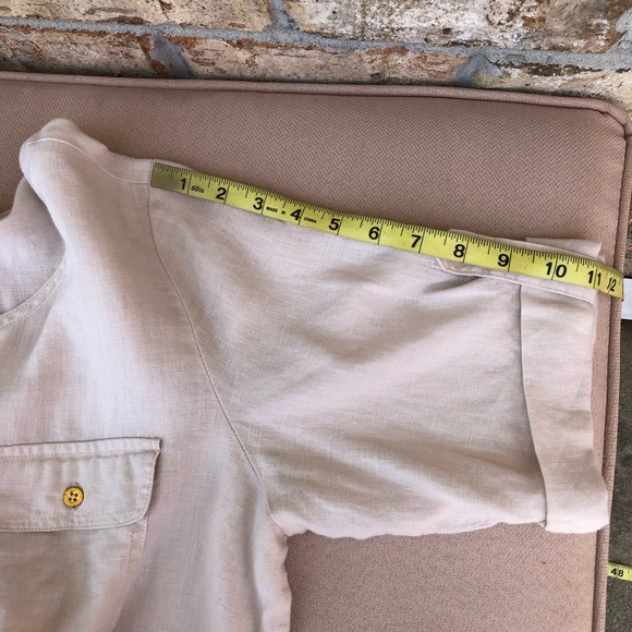 Ellen Tracy 100% Linen 1/4 Zipper Cuffed Short Sleeve Light Tan Tunic Top L - Picture 15 of 15